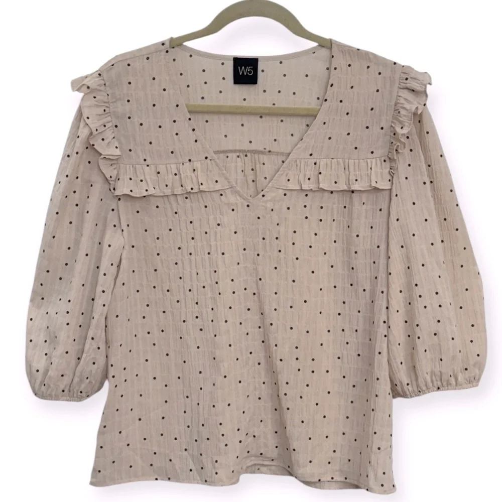 Anthropologie: W5 Women’s Beige Polka Dot Blouse Size L *2147